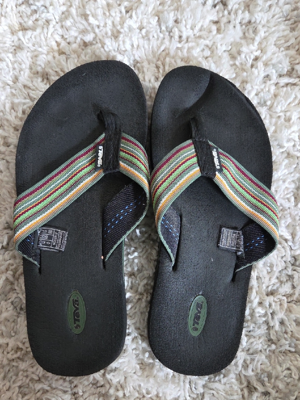 Teva Black Flip Flop Sandals with Multicolor Striped Straps